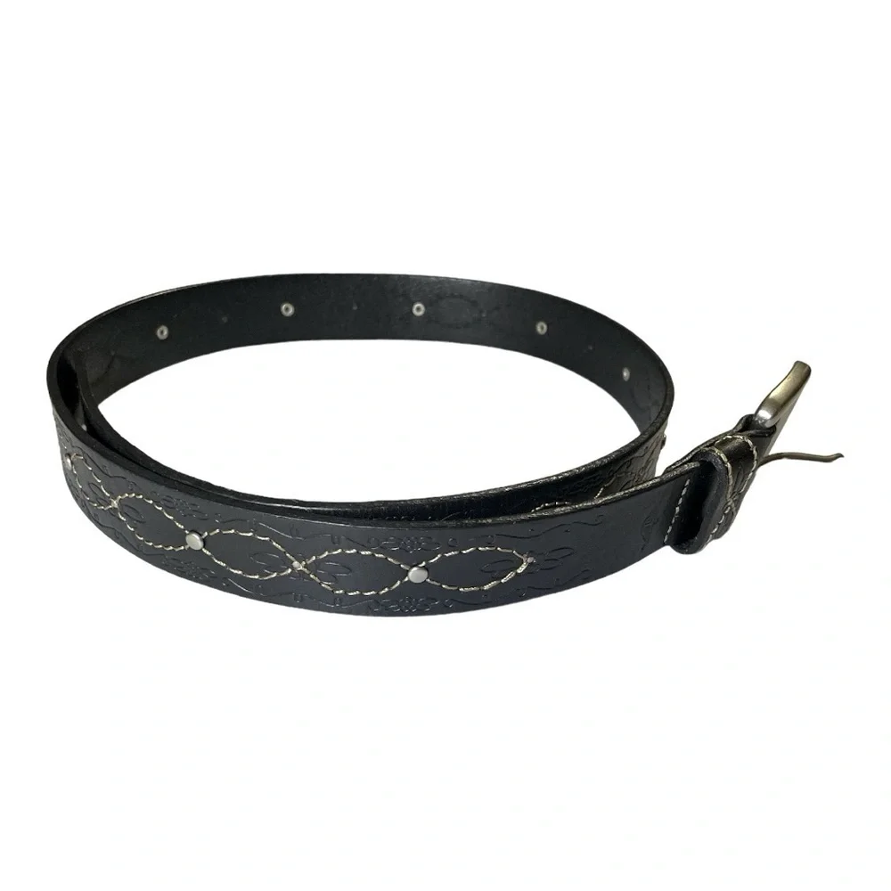Dockers Tooled Floral Studded Black Leather Belt with adjustable buckle